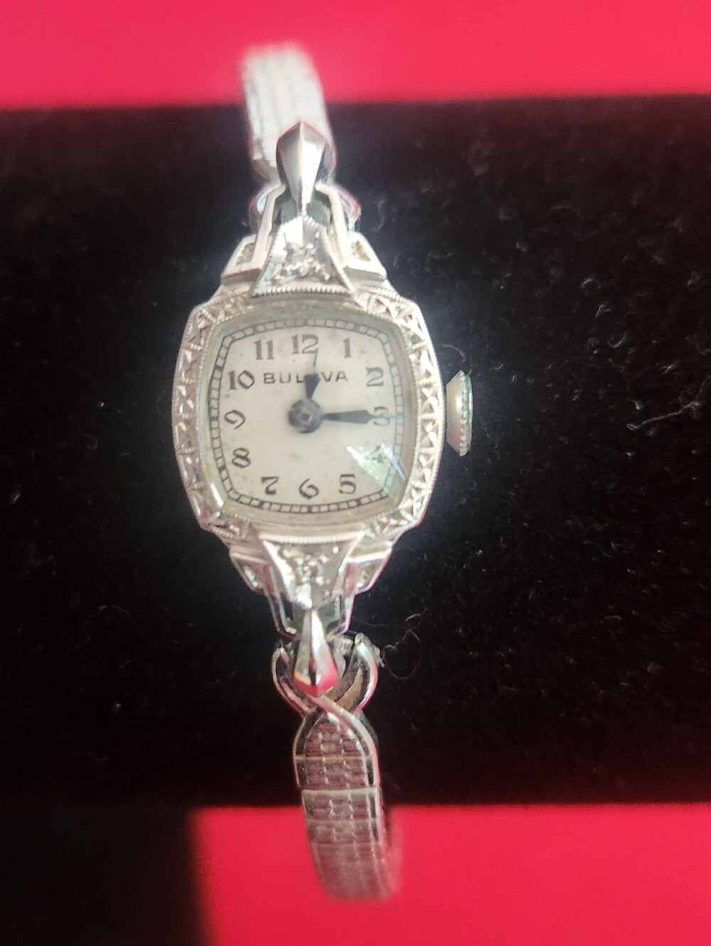 Vintage Bulova Ladies Watch Square Ornate Case Snake Scale Bracelet Swiss Mechan